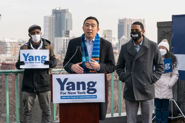 Andrew Yang speaks to media last month during announcement of his candidacy.